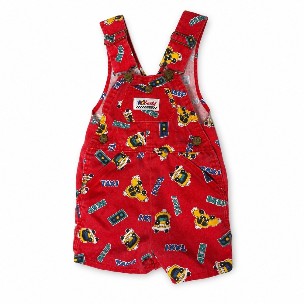 Vintage Liberty Red Taxi Cab Print Short Overalls 24M Made‎ in USA Toddler